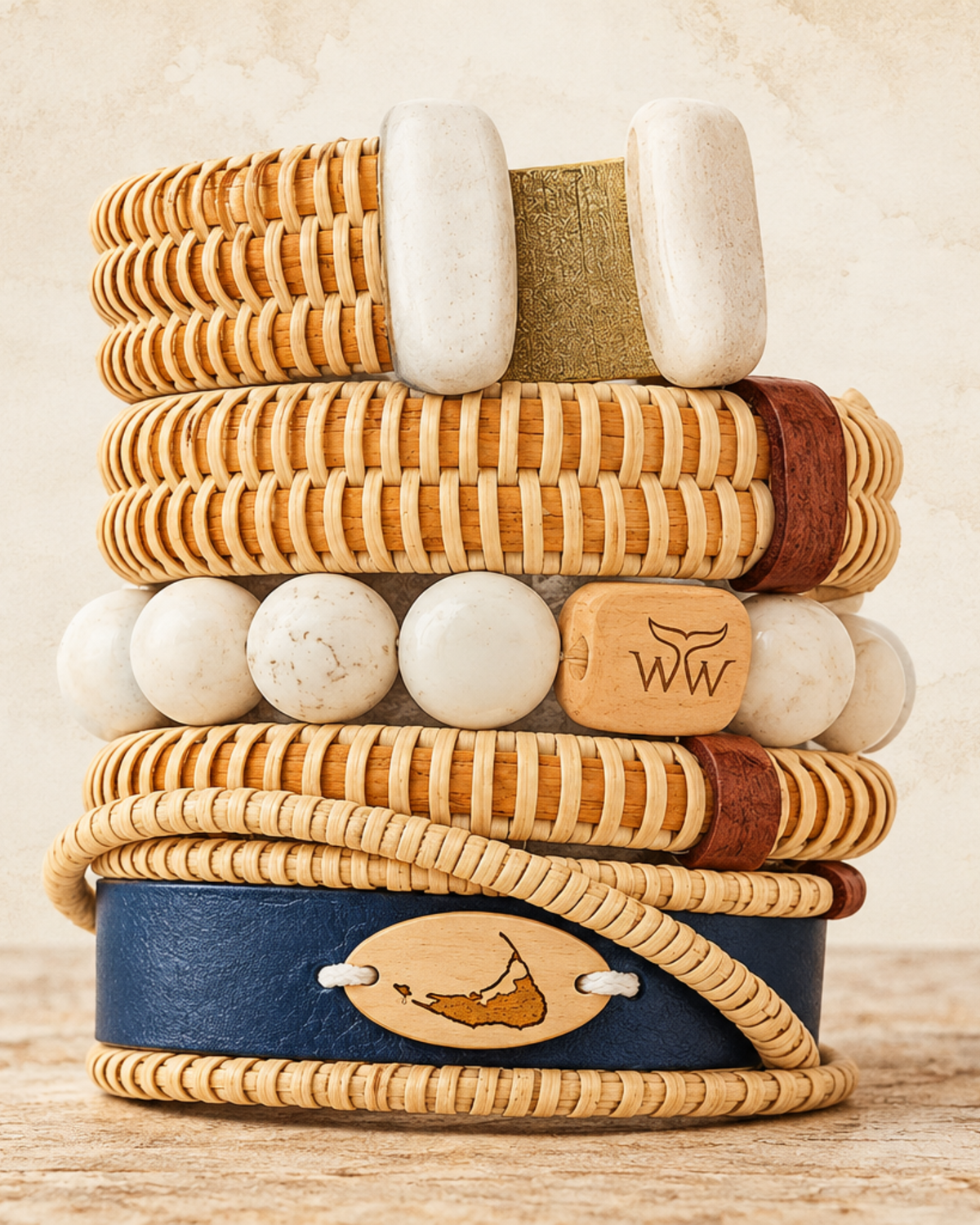 Stacked woven Nantucket-style bracelets with wood, ivory, and navy accents.