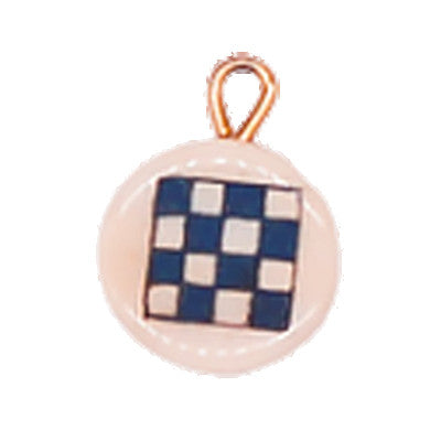 A charm with a blue and white checkered pattern displayed on a white background.