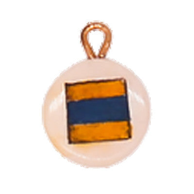 A charm with a orange and blue striped flag on a white background.