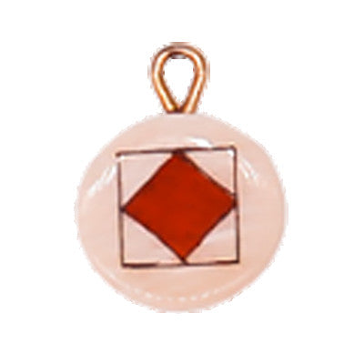 A charm with a red diamond shaped flag displayed on a white background.