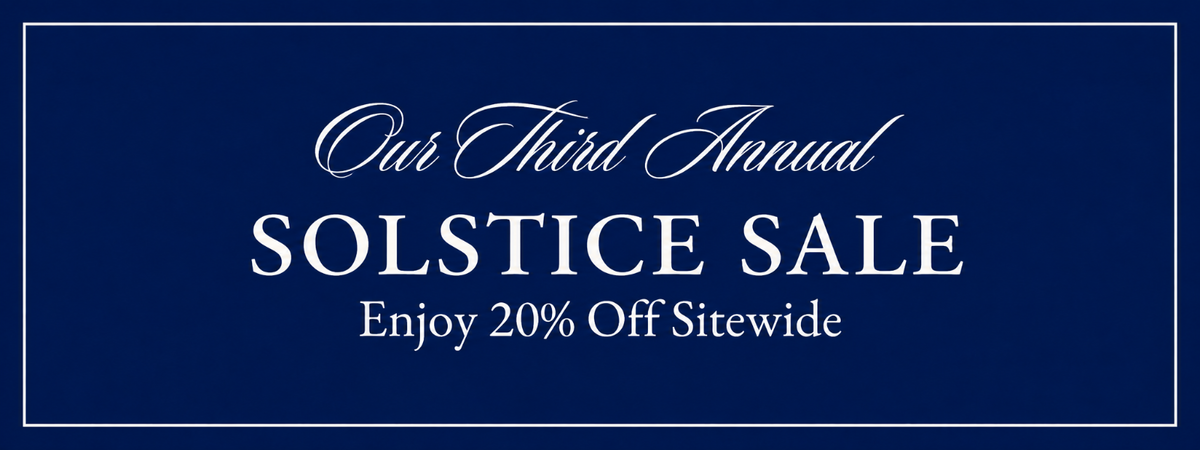 A promotional sale banner with a dark blue background and white text reading 'Our Third Annual SOLSTICE SALE' and 'Enjoy 20% Off Sitewide.'.