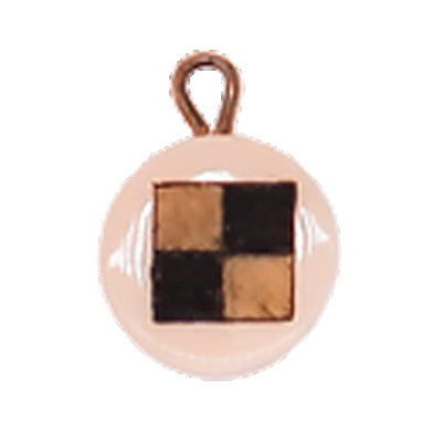 A charm with a yellow and black checkered flag displayed on a white background.