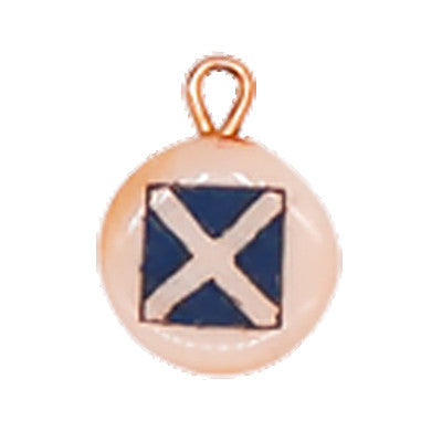 A charm with a blue flag with an X through the center displayed on a white background.